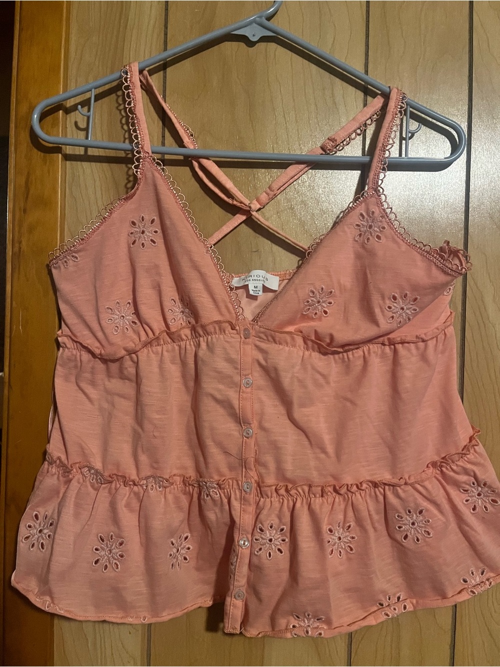 iris Peach Eyelet Button-Front Camisole with Crisscross Straps